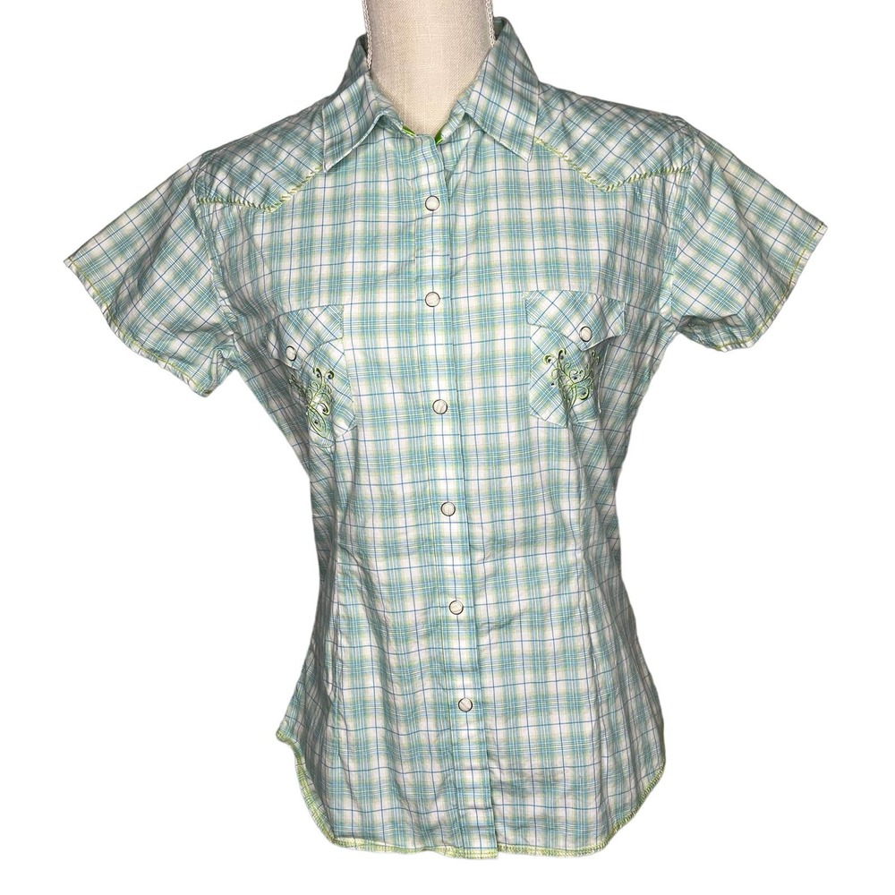 Rough Stock women's green blue white panhandle pearl snap shirt embroidered M